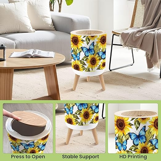 Bathroom Trash Can with Lid Beautiful Seamless Sunflowers Blue Butterflies White Garbage Bin Waste Basket for Kitchen Office Bedroom Decoration Diaper Pail 1.8 Gallon