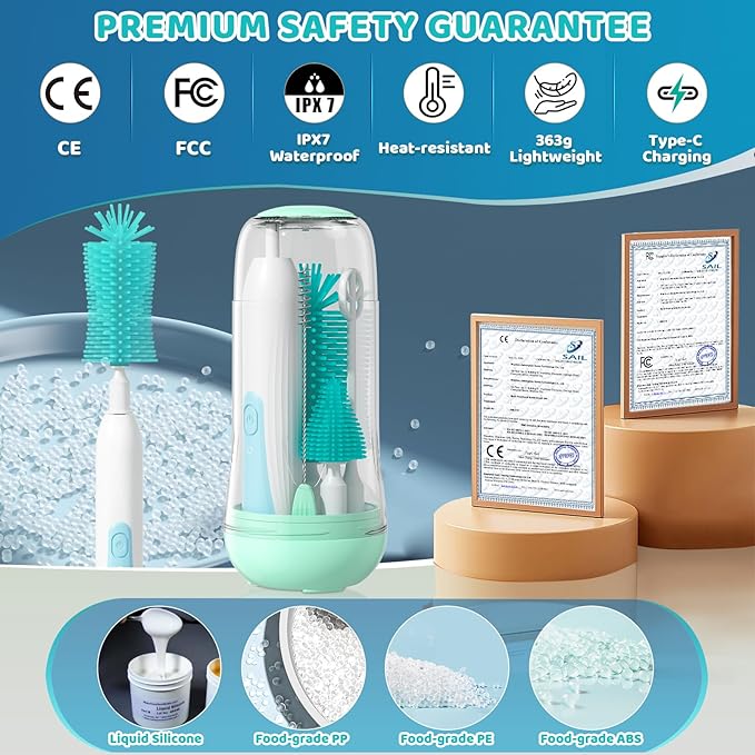 IvyWind Electric Travel Baby Bottle Brush Set with Storage Box Automatic Bottle Cleaner Brush Kit with Silicone Bottle/Nipple/Straw Brush Milk Frother Electric and Drainage Rack Rechargeable Green