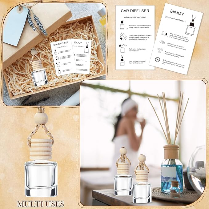 100 Sets Car Diffuser Bottles Empty Bulk Hanging Car Air Freshener Diffuser Bottles Glass Perfume Holder with Instruction Cards for Essential Oil Wedding Bridal Birthday Gifts (Cylindrical)