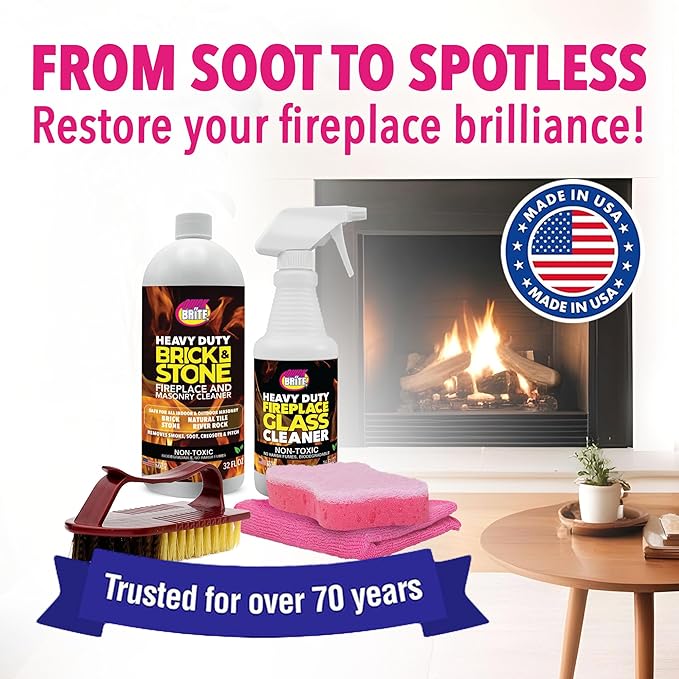 Quick 'n Brite Fireplace Cleaning Kit – Includes 16 oz Fireplace Glass Cleaner 32 oz Gel Fireplace Cleaner Scrub Brush Sponge and Microfiber Towel