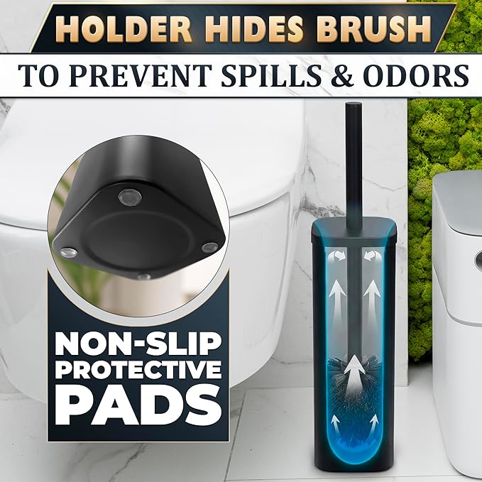 Black Toilet Brush with Square Stainless Steel Holder - Freestanding Toilet Brush and Holder Set Black - Removable Plastic Inner Cup Splash Guard Cover Replaceable Head Corrosion Resistant Finish