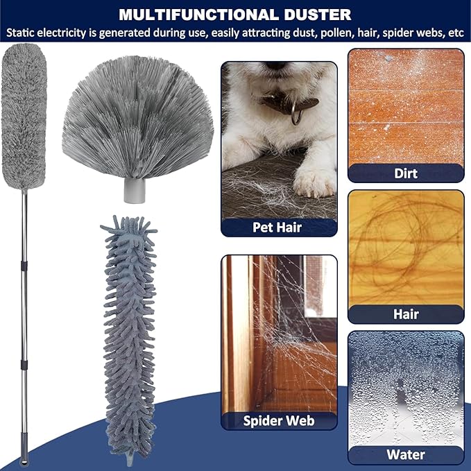 20+ Feet High Reach Duster Kit with 3-14 ft Extension Pole for Cleaning Fan Spider Web High Ceiling Blinds Furniture Cars - Cobweb Microfiber Duster // Outdoor &amp Indoor Extendable Duster