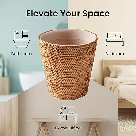 2.5 Gallons Rattan Wastebasket Hand Woven Plastic Trash Can with Removable Liner Stylish Honey Brown Decorative Waste Bin for Bathroom Home Decor