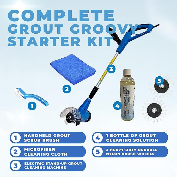 Grout Cleaner Bundle Electric Stand Up Tile Grout Cleaner Machine with 20’ Cord 3 Brush Wheels 1 Cleaner 1 Grout Hand Brush 1 Microfiber Cloth