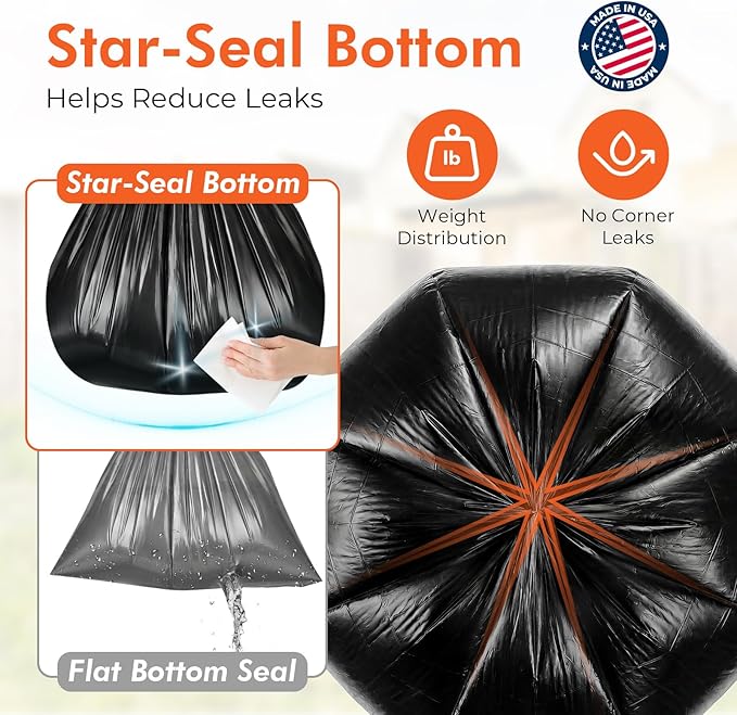 Delxo 40-45 Gallon Trash Bags 125 Count 40×48'' Large Black Garbage Bags – Light-to-Medium Duty Star-Seal Can Liners for Home Kitchen Yard &amp Office – Bulk Value Pack Made in USA