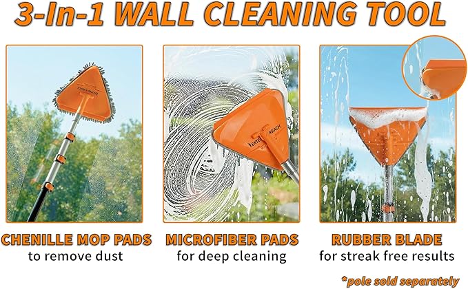 Wall Cleaner Tool with 4 Replacement Pads // 3-in-1 Wall Washer Mop for Walls Baseboards and Windows // Wall and Baseboard Cleaner Fits All Extension Poles with Acme Thread (Pole Sold Separately)