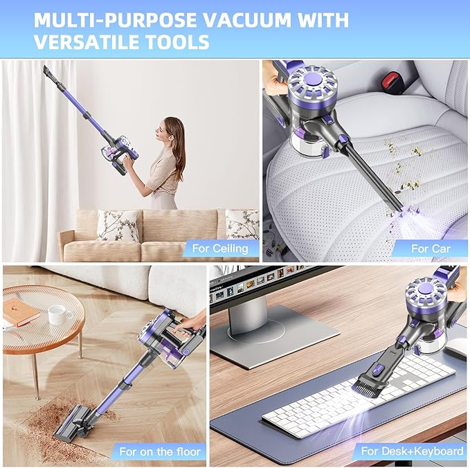 Cordless Vacuum Cleaner for Home Lightweight Stick Vacuum Cordless Rechargeable with Power Suction Up to 35 Mins Runtime Hardwood Floor Vacuum for Pet Hair Carpets Tile(Purple)