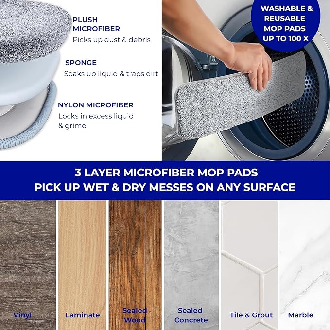 True &amp Tidy® Multi-Surface Spray Mop with Refillable Water Bottle Use Any Cleaning Solution Easy to Fill and Refill with Machine Washable Mop Pad (Navy)