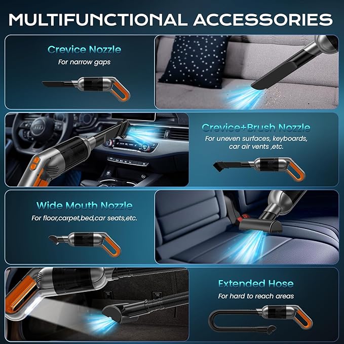 Handheld Vacuum Cordless Portable Car Vacuum with LED LightRechargeable Small Vacuum Cleaner with Powerful SuctionLightweight Vacuum Cleaner for Car Home Office Pet Hair (Orange)