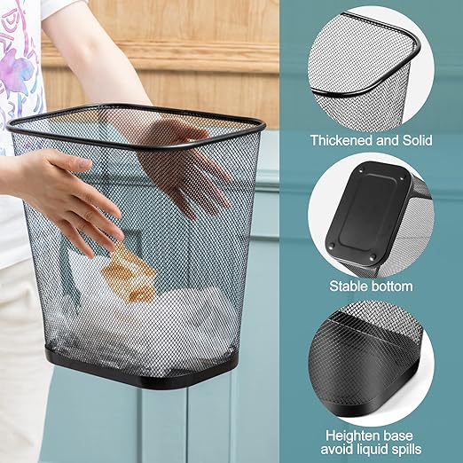 Nuanchu 1 Pcs Mesh Square Trash Cans 4 Gallons Wire Wastebasket for Home Black Metal Office Garbage Cans Rectangular Open Top Trash Bin for Kitchen Bathroom Bedroom 11.7 x 8.5 x 11.8 Inch (Black)