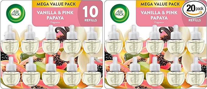 Air Wick Plug In Scented Oil Refill 10ct Vanilla and Pink Papaya Air Freshener Essential Oils (Pack of 2)