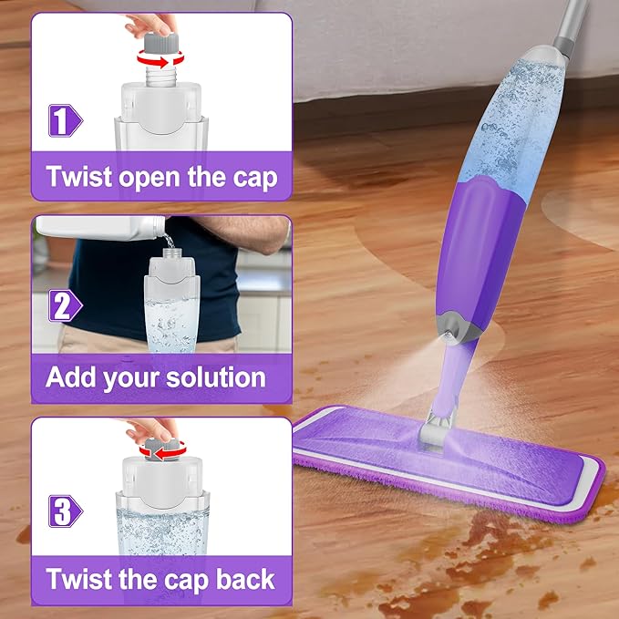 HOMTOYOU Spray Mops for Floor Cleaning with 2 Bottles and 3 Pads