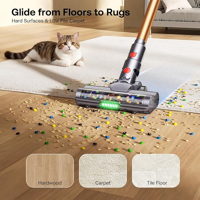 Trucozie Cordless Vacuum Cleaner Self-Standing Lightweight Stick Vacuum with 50 mins Runtime Powerful Suction Anti-Tangle Wireless Vacuum for Home Hardwood Floor Carpet Pet Hair Gold