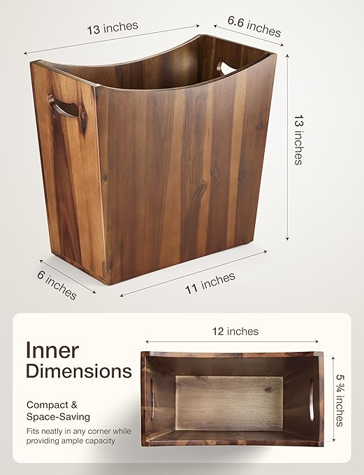 3 Gallons Rectangular Wastebaskets - Acacia Wood Waste Basket with Handles - Small Trash Can for Bathroom - Brown Garbage Bin for Spa Bathroom Decorative Kitchen Counter Living Room (Walnut)