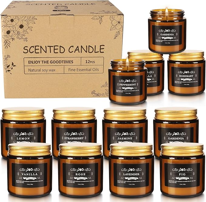Scented Candle Set 12 Pack Candle for Home Scented Odor Eliminating Stress Relief Long Lasting Soy Wax Gift Set