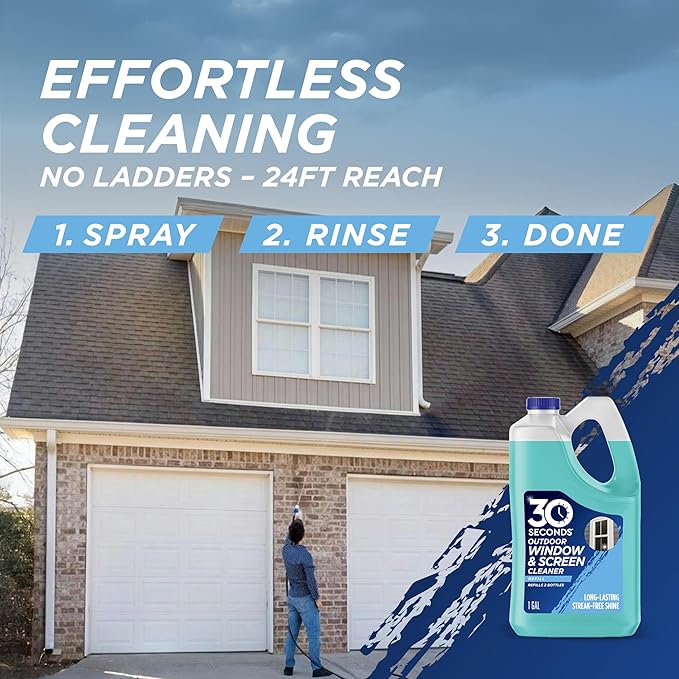 30 SECONDS Outdoor Window &amp Screen Concentrated Cleaner for Glass Patio Doors Fiberglass Furniture - No Screen Removal Required Spray &amp Rinse - Refill for Hose End Sprayer Bottles 1.1 Gal