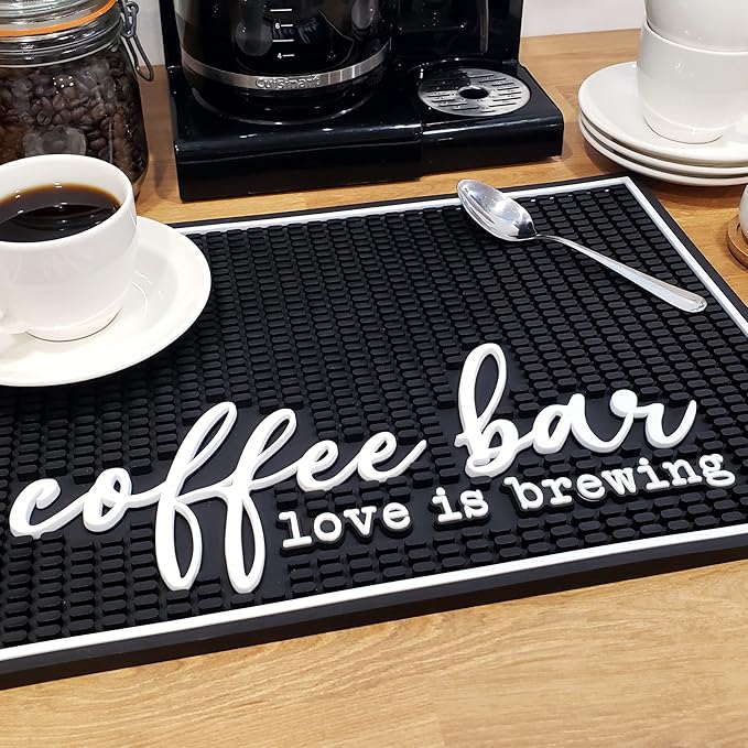 New Mungo Coffee Bar Mat – “Love Is Brewing” – Spill-Proof PVC Coffee Station Mat Non-Slip Countertop Protector 18x12
