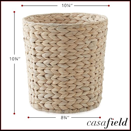 Casafield Water Hyacinth Waste Basket - Whitewash White Woven Wicker Trash Can for Bathroom Bedroom Laundry Room Home Office
