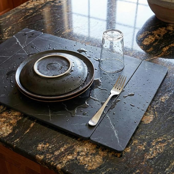 Selegna Collapsible Stone Drying Mat for Kitchen Counter – Tri-Panel Dish Drying Mat Made from Diatomaceous Earth | Quick Dry Diatomite Mat for Sink Countertop &amp Dishes (Charcoal)