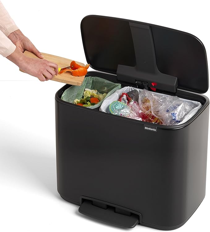 Brabantia Bo Step-On Kitchen Trash Can with Dual Compartments | Matt Black | 3 + 6 Gal Inner Buckets | Soft-Close Garbage Can Light Pedal Operation Stay-Open Lid | Fits Against Wall | + Trash Bags