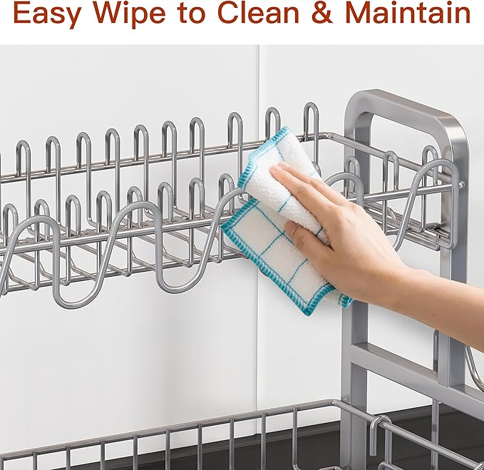 2 Tier Dish Drainers Drying Rack for Kitchen Counter Large Stainless Steel Dishes Drain with Drainboard Space Saving Big Modern Silver Countertop Metal Plates Dryer Strainer Holder and Extra Tray