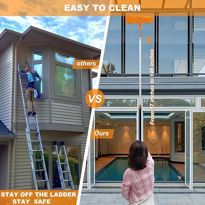 20 Ft+ Reach 2 In 1 Window Squeegee Duster with 5-to-12 Foot Extension Pole Cleaner Tool with 3-Stage Telescoping Pole Cleaning Kit with Rotatable Head - Chenille Cloth + Microfibre Cloths Head