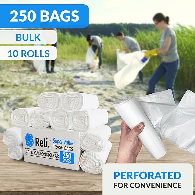 Reli. 30-33 Gallon Trash Bags Heavy Duty | 250 Count Bulk | Clear Large Trash Bags 30+ 32 Gallon | Made in USA