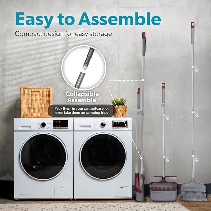 BLACK+DECKER Butler Broom &amp Dustpan Set - Stand-Up Design - Lightweight Space-Saving Combo for Kitchen Living Room Bathroom Lobby Floors - Home Cleaning Essential Light Gray/Burgundy