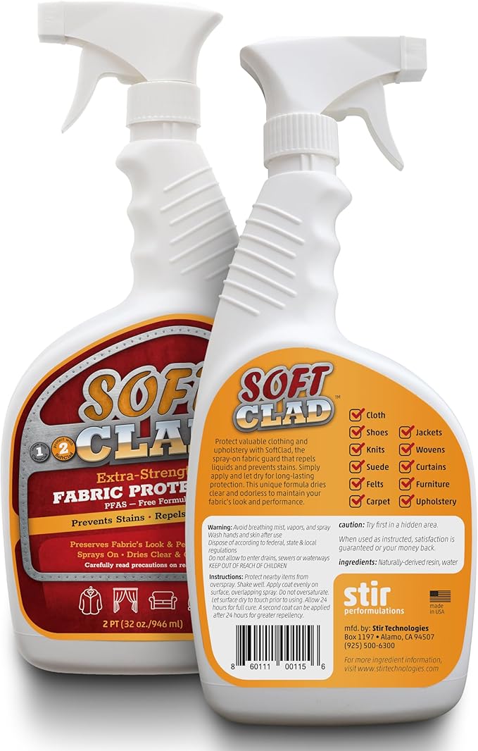 Extra Strength Fabric Protector Spray Prevents Stains and Repels Liquids. SoftClad Guards Furniture Shoes Carpet Upholstery Suede Leather Couch. Safe for Indoor Use. PFAS Free Formula 32oz