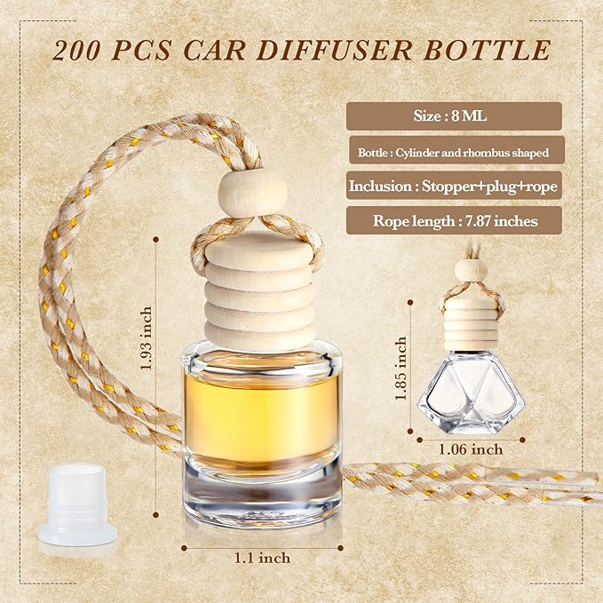 BBTO 200 Pcs Hanging Car Diffuser Bottle Bulk Empty Clear Glass Perfume Bottles Air Freshener Pendant for Essential Oils Fragrance Aromatherapy Car Interior (Diamond Cylinder)