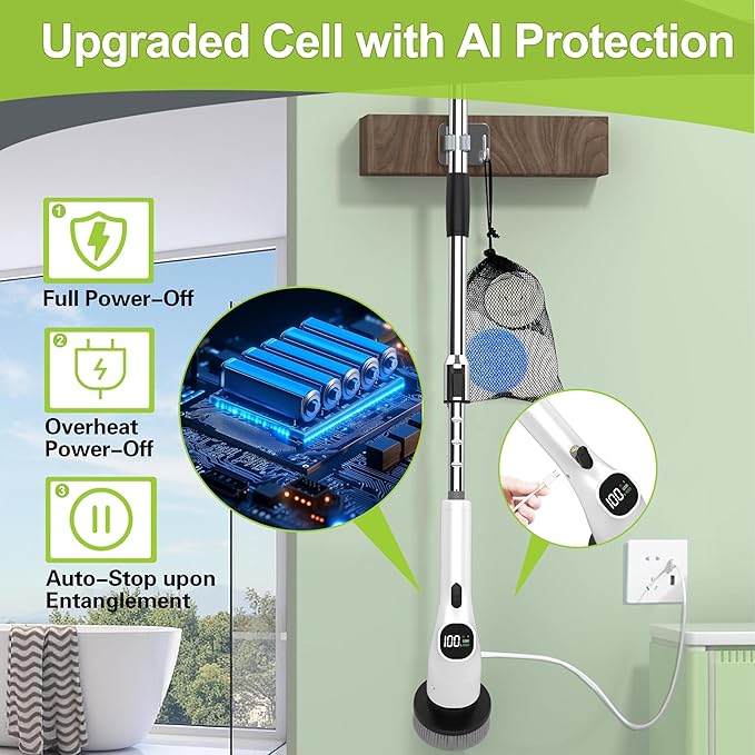 WKY-Electric Spin Scrubber - 10-in-1 Cordless Shower Scrubber &amp Cleaning Brush with Extendable Handle 2 Speeds IPX7 Waterproof Brush Heads LED Display Smart AI Chipfor Bathroom Kitchen White