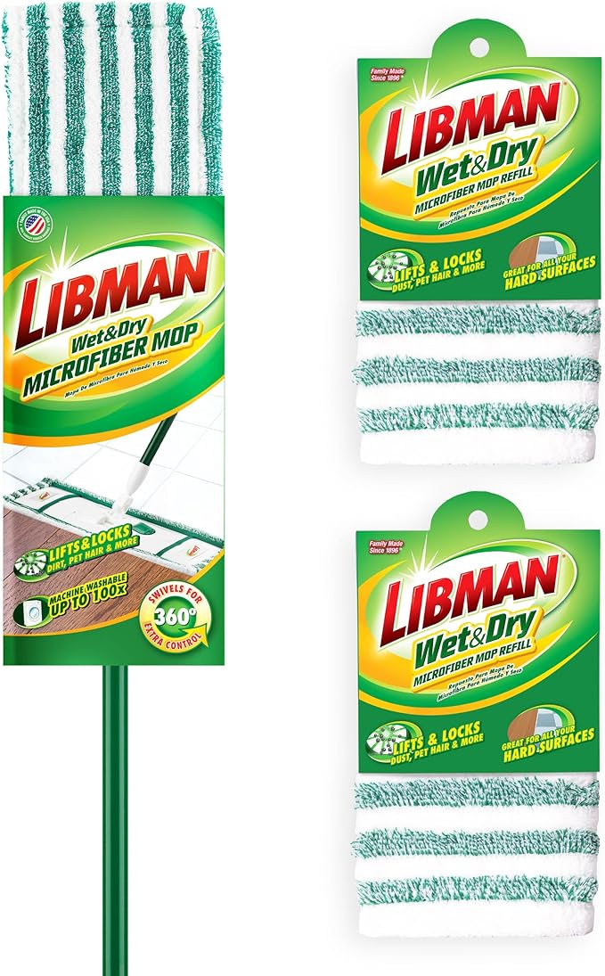 Libman Wet &amp Dry Microfiber Mop Kit Plus Refills | Dust Mop for Hardwood Floors | Wall Mop | Mops for Floor Cleaning | 3 Total Microfiber Mop Pads Included | 1 Handle &amp Base