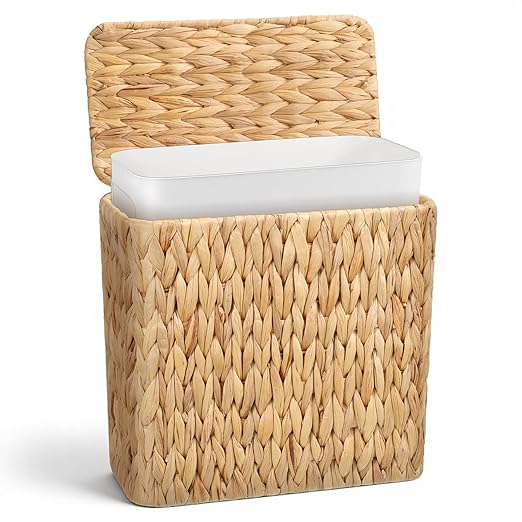 Wicker Waste Basket with Lid Water Hyacinth Handwoven Garbage Can Small Bathroom Trash Can Boho Rattan Wastebasket with Removable Liner for Bedroom Home Living Room Office Kitchen