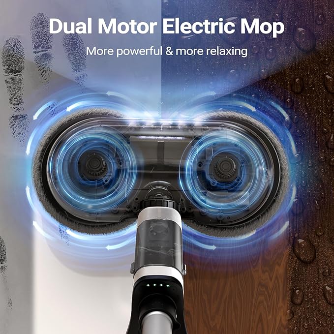 iDOO Electric Cordless Spin Dust Mop Electric Mops for Floor Hardwood Tile Cleaning with Sprayer &amp LED Headlight Rechargeable Dual-Motor Quiet Self Propelled Water Tank 4 Replaceable Heads Wh