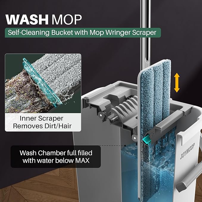 JOYMOOP Mop and Bucket with Wringer Set Flat Squeeze Mop Flat Head Dust Mops for Wall Cleaner with Long Handle Hands-Free Microfiber Mops for Floor Cleaning - White