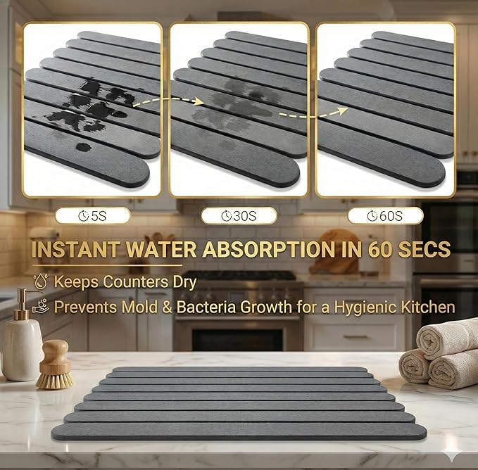 Super Absorbent Foldable Stone Drying Mat – Quick Dry Diatomaceous Earth Counter Mat for Kitchen &amp Bathroom Non-Slip Heat Resistant Dish Pad for Dishes Bottles &amp Cups 24” x 16”