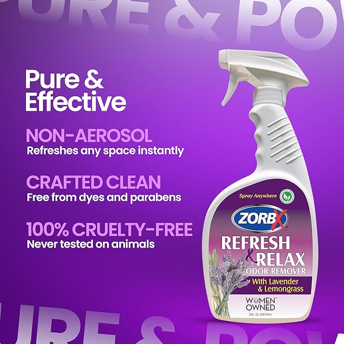 ZORBX Lavender &amp Lemongrass Spray 24 Oz - All-Purpose Deodorizer Refreshes Fabric Removes Strong Odors Perfect for Home Car Gym Laundry