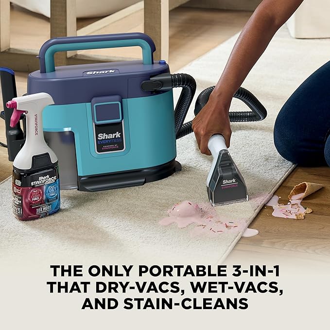 Shark EveryMess™ | Ultra-Powerful 3-in-1 Wet Vac Dry Vac &amp Stain Eliminator | StainForce Technology Perfect for Homes Pets and Cars | 3 Accessories and Cleaning Solution | Blue | VX102BRN