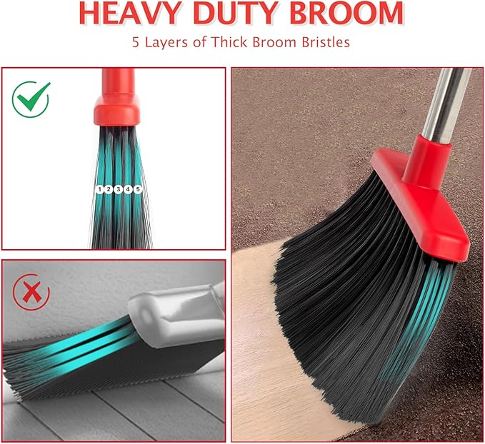 Broom and Dustpan Set with Long Handle Heavy Dust Broom and Dustpan Combo for HomeKitchen Office Pet Hair (Black Red)