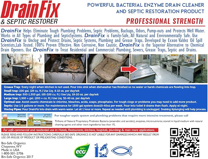 DrainFix &amp Septic Restorer - 5 Gal Professional Strength Formula - Patented Septic Tank Treatment Grease Trap Cleaner Commercial Residential Hotel &amp Restaurant - Exxon Valdez Tech - 2 Pack