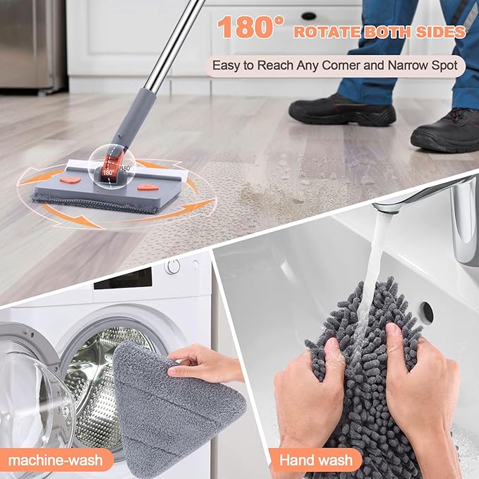 Adjustable Baseboard Cleaner Tool with 81.5'' Handle 360° Rotatable Wall Cleaner Mop 180° Flipping Ceiling Cleaning Mop Tool with 2 Mops 8 Reusable Pads for Walls Baseboard Window Floor
