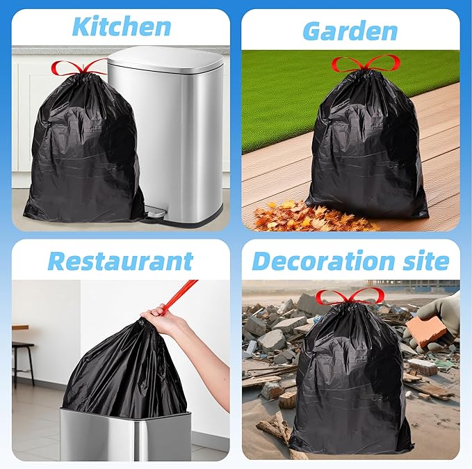 13+ Gallon Ultra StrongDrawstring Trash Bags Heavy DutyTrash Bags Tall Kitchen Large Black Garbage Bags (100)