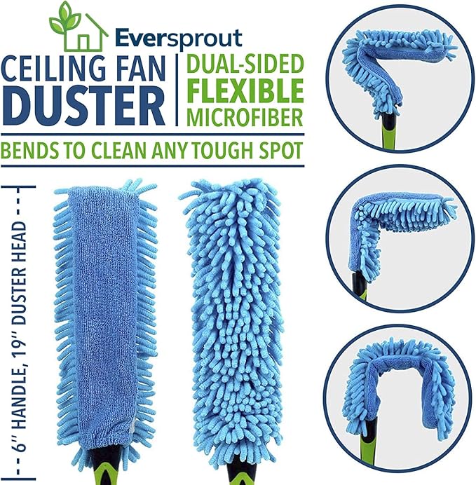 EVERSPROUT 5-to-12 Foot Duster 3-Pack with Extension-Pole (20+ Foot Reach) | Hand-packaged Cobweb Duster Microfiber Feather Duster Flexible Microfiber Ceiling &amp Fan Duster | Aluminum Telescopic
