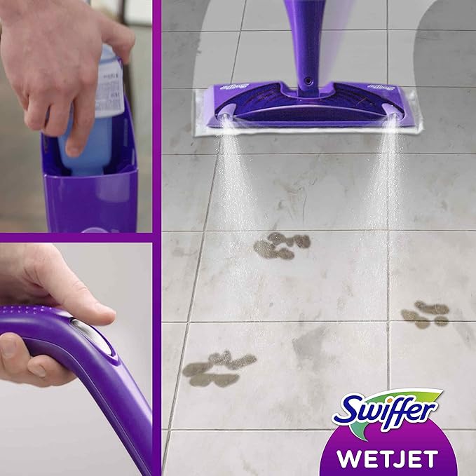 Swiffer WetJet Floor Spray Mop Starter Kit Includes: 1 WetJet 5 Pads 1 Cleaning Solution &amp 4 Batteries