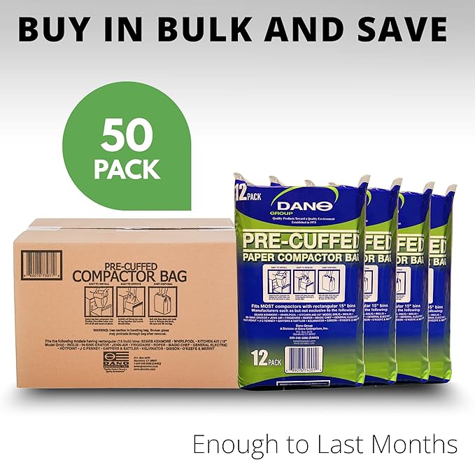 Dano Pre-Cuffed Paper Trash Compactor Bags (12 Pack) | Heavy Duty Kitchen Garbage Compactor Bags &amp Liners | 11 Gallon Precuffed Garbage Bag for Compactor | Eco-Friendly Trash Compactor Bag
