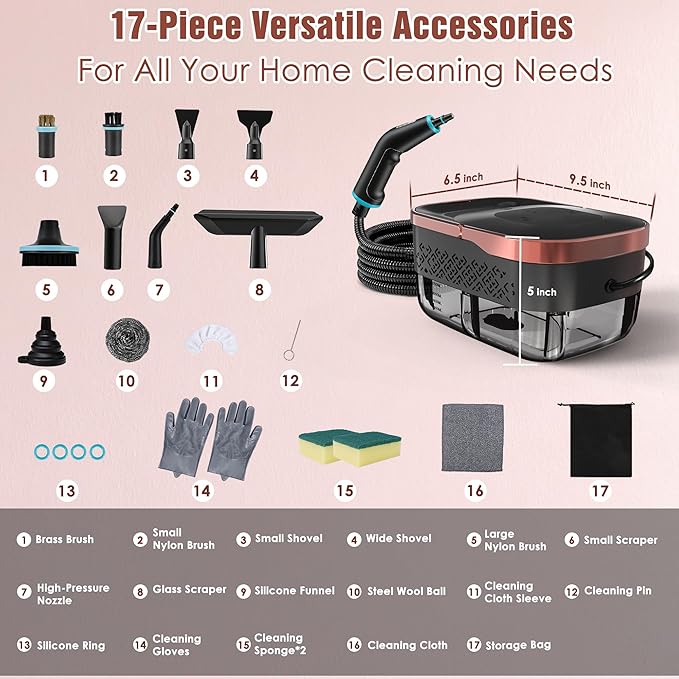 Steam Cleaner 4 Bar High Pressure Steamer with 6-Level Adjustable 15s Heat-Up 42.7oz Large Tank 7ft Extended Hose 18 pcs Accessories Portable Steam Cleaner for Home Car Tile Grout Grease