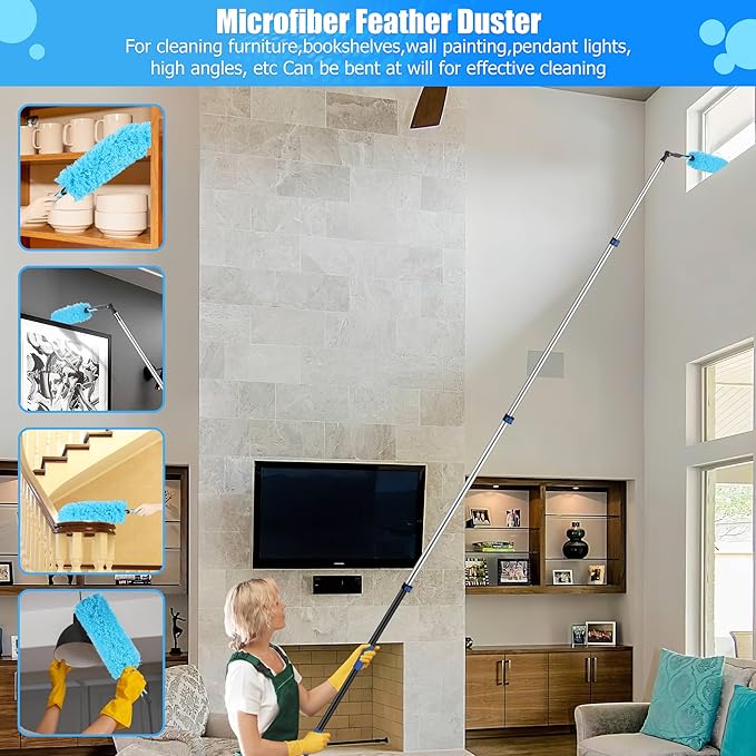 20 Foot High Reach Ceiling Duster Kit 3.6-12ft Extendable Pole with Cobweb DusterCeiling Fan DusterWindow Squeegee and Scrubber Microfiber Feather for Easy Cleaning Indoor &amp Outdoor