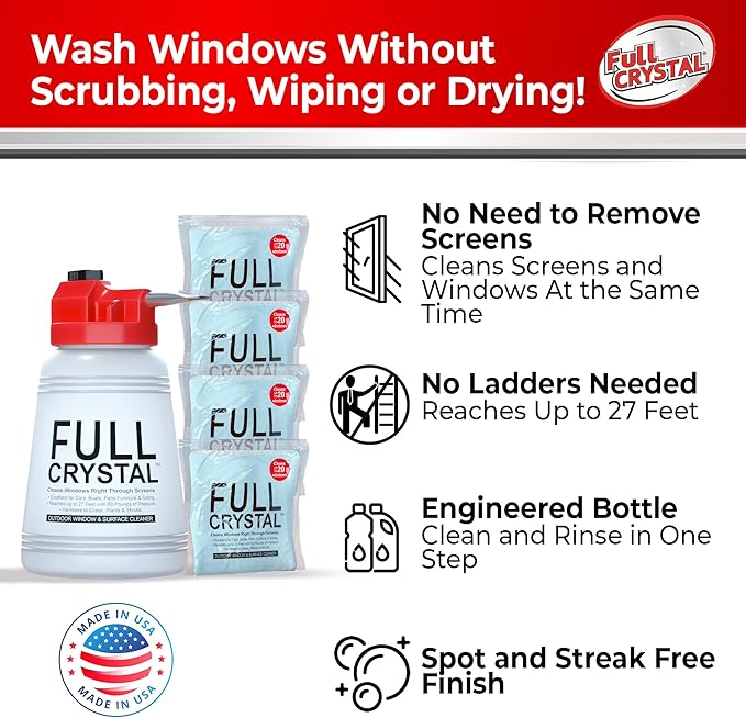 Full Crystal Window Cleaning Kit – 16 oz Glass Cleaner and Bottle with 27 ft Reach Each 4 oz Bag Makes Up to 640 fl oz Cleans Up to 80 Windows Scrub-Free Rinse-Free