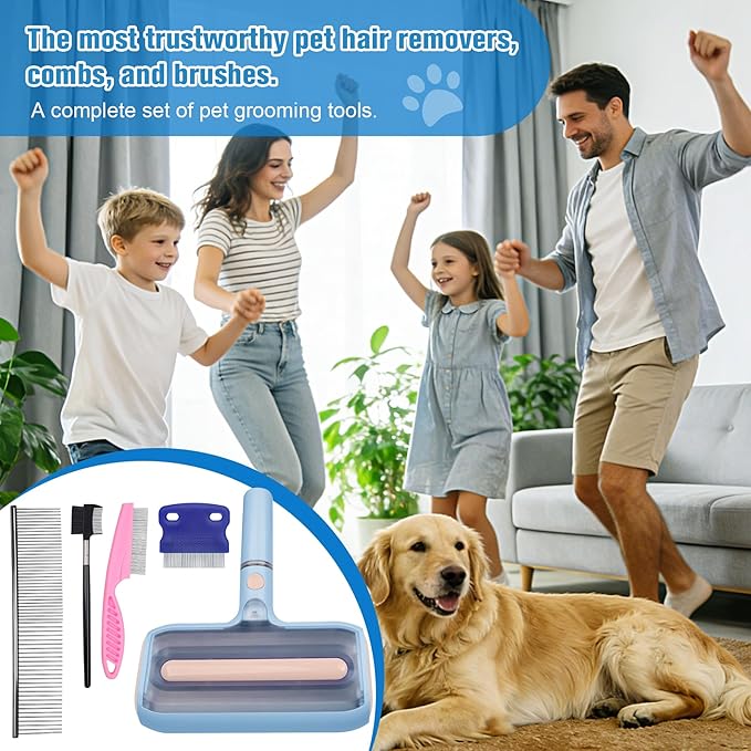 Pet Hair Remover Set with Spray &amp Self-Storage – Reusable Double-Sided Roller 4-Piece Grooming Brushes &amp Combs for Dogs Cats Furniture &amp Clothing
