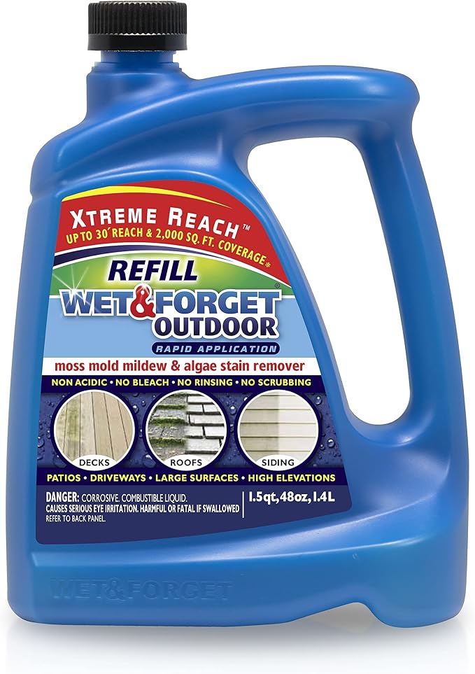 Wet &amp Forget Outdoor Moss Mold Mildew &amp Algae Stain Remover Multi-Surface Cleaner Xtreme Reach Hose End Refill 48 Fluid Ounces